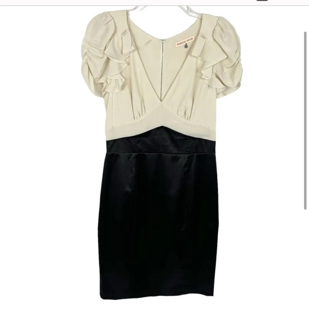 Rebecca Taylor Ivory Black Silk Blend Satin Ruffle Sleeve Sheath Dress Women’s 4